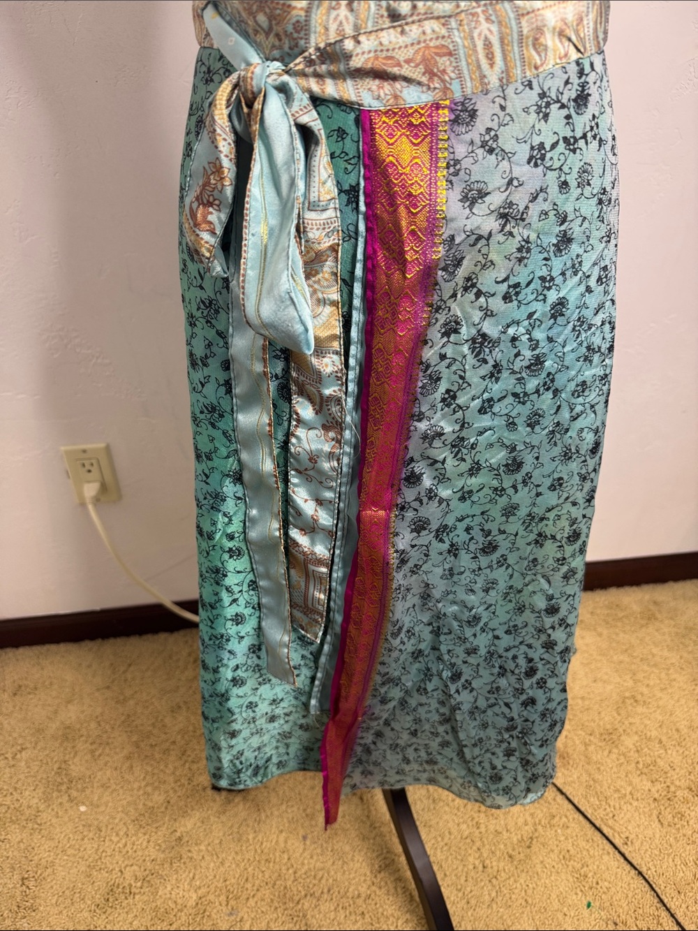 Purple Brand Boho Patchwork Wrap Skirt in Aqua with Pink Accent 100% Silk